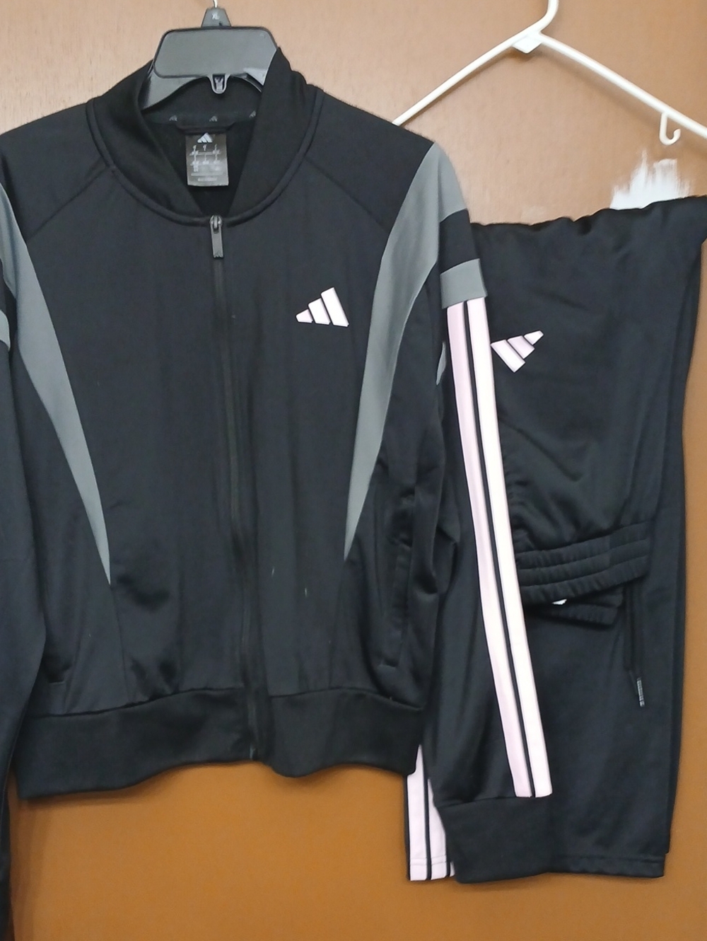 adidas Black Track Jacket and Pants with Gray Panels and Pink Stripes